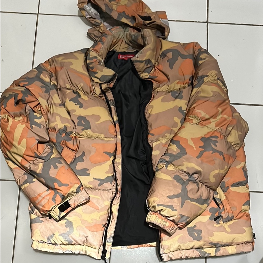 Supreme Camouflage Puffer Jacket in Orange and Tan